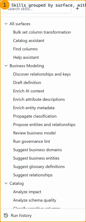 The skill rail lists every available skill grouped by the surface it runs on, from business modeling to catalog work