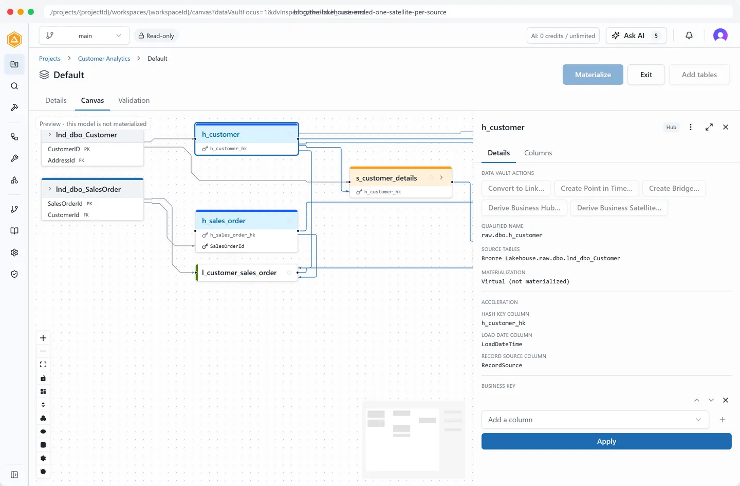 Selecting a built object opens its detail pane, listing the source tables behind it and the business key columns that identify it