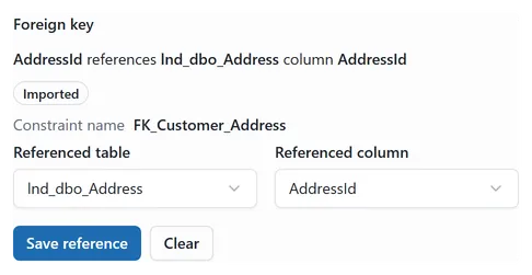 The Edit Column dialog's Foreign key section, stating the reference as a sentence above the Referenced table and Referenced column pickers