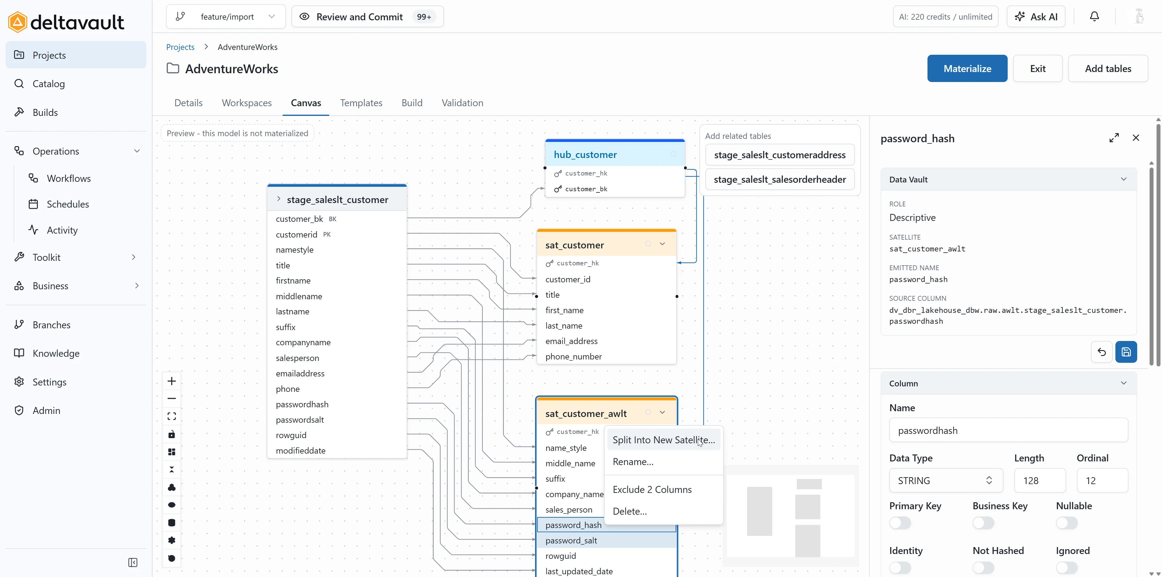 The DataVault designer with Splitting Satellites