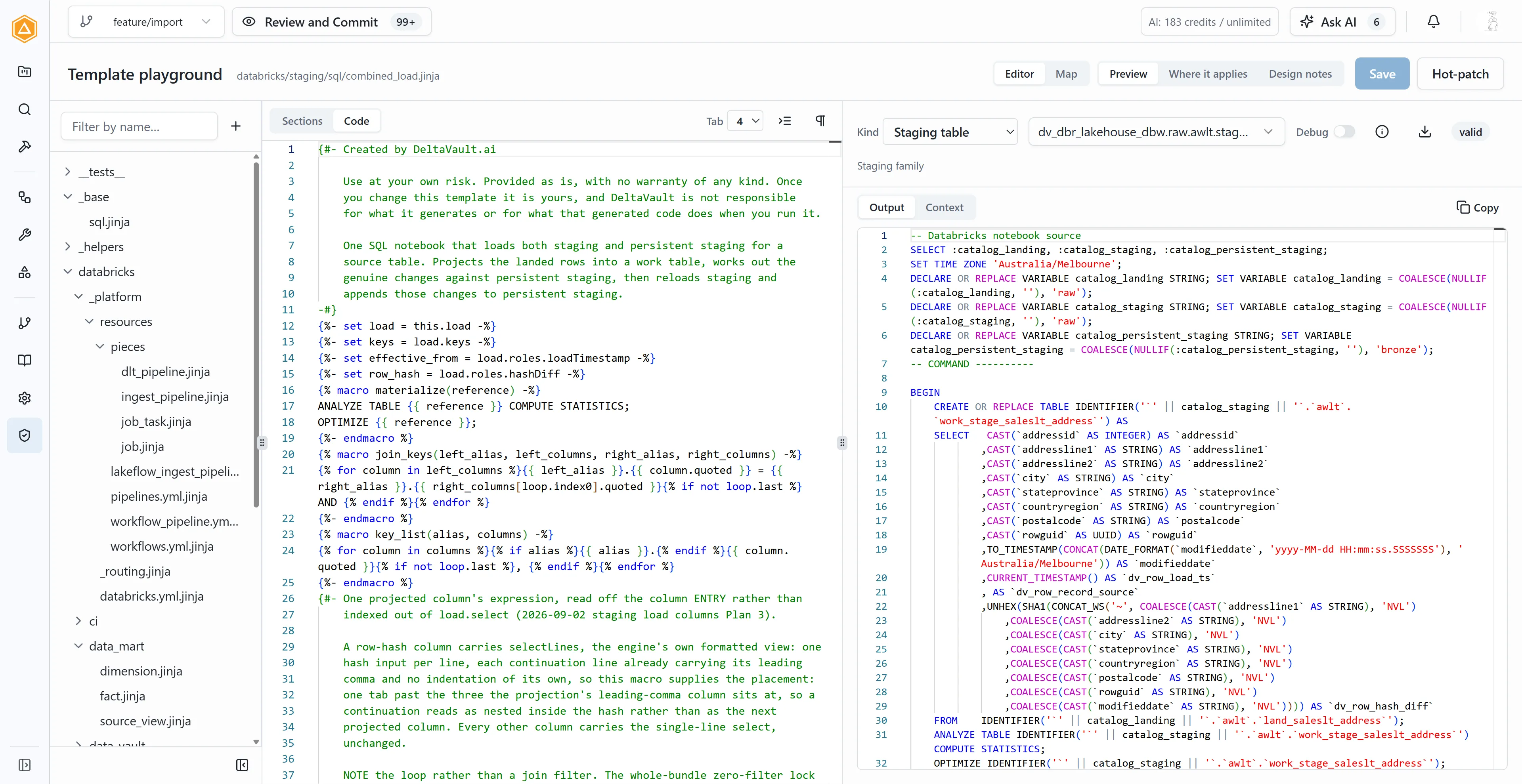 The template playground with a Jinja staging template on the left and the Databricks SQL it renders for a real table on the right.