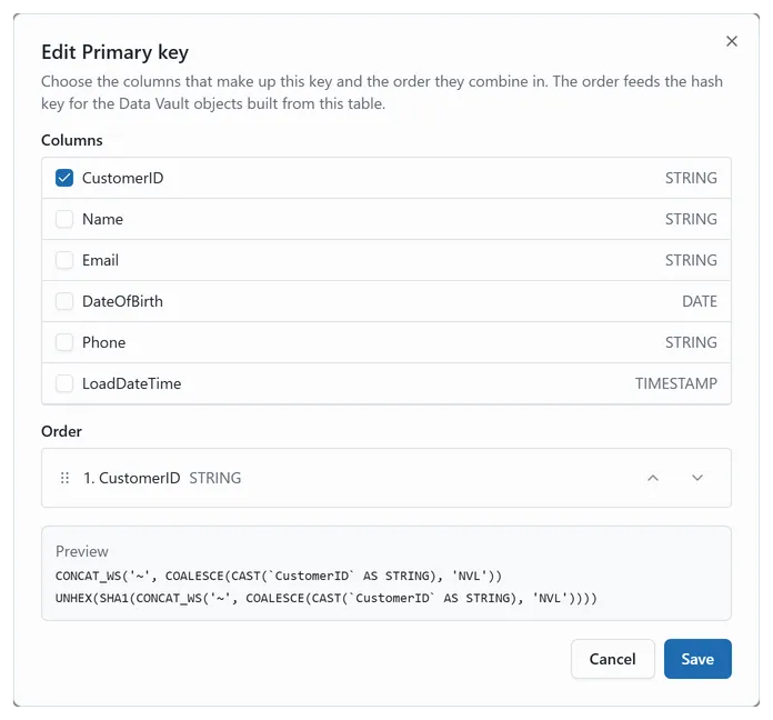 The key editor dialog with the column checklist, the ordered key list, and the live concatenation and hash below it