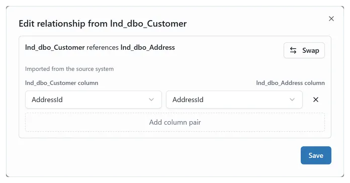 The relationship dialog opened on an existing relationship, showing the direction sentence with its Swap button and one column pair