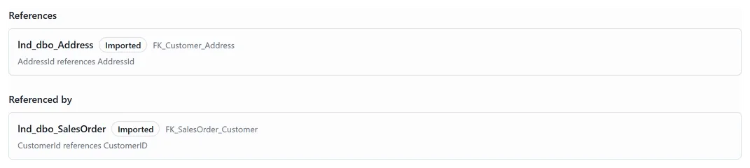 The Relationships tab with one row under References and one under Referenced by, each carrying an Imported badge and a source constraint name