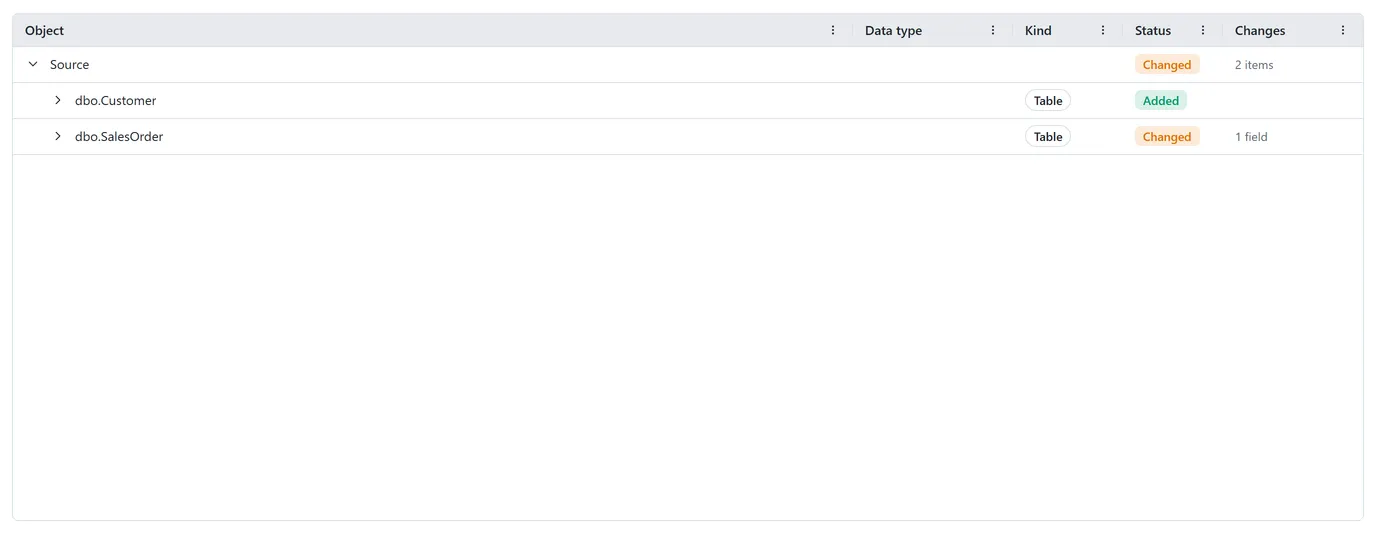The review changes tree showing added, changed, and removed objects before applying an import