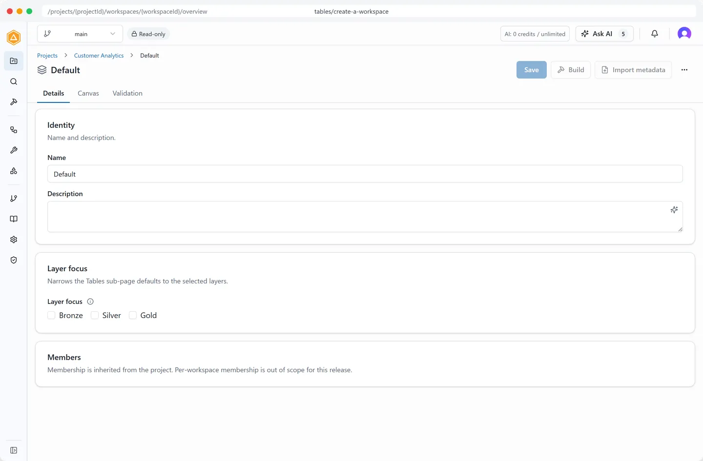 The workspace Details tab showing the three tab strip and the Import metadata action in the page header