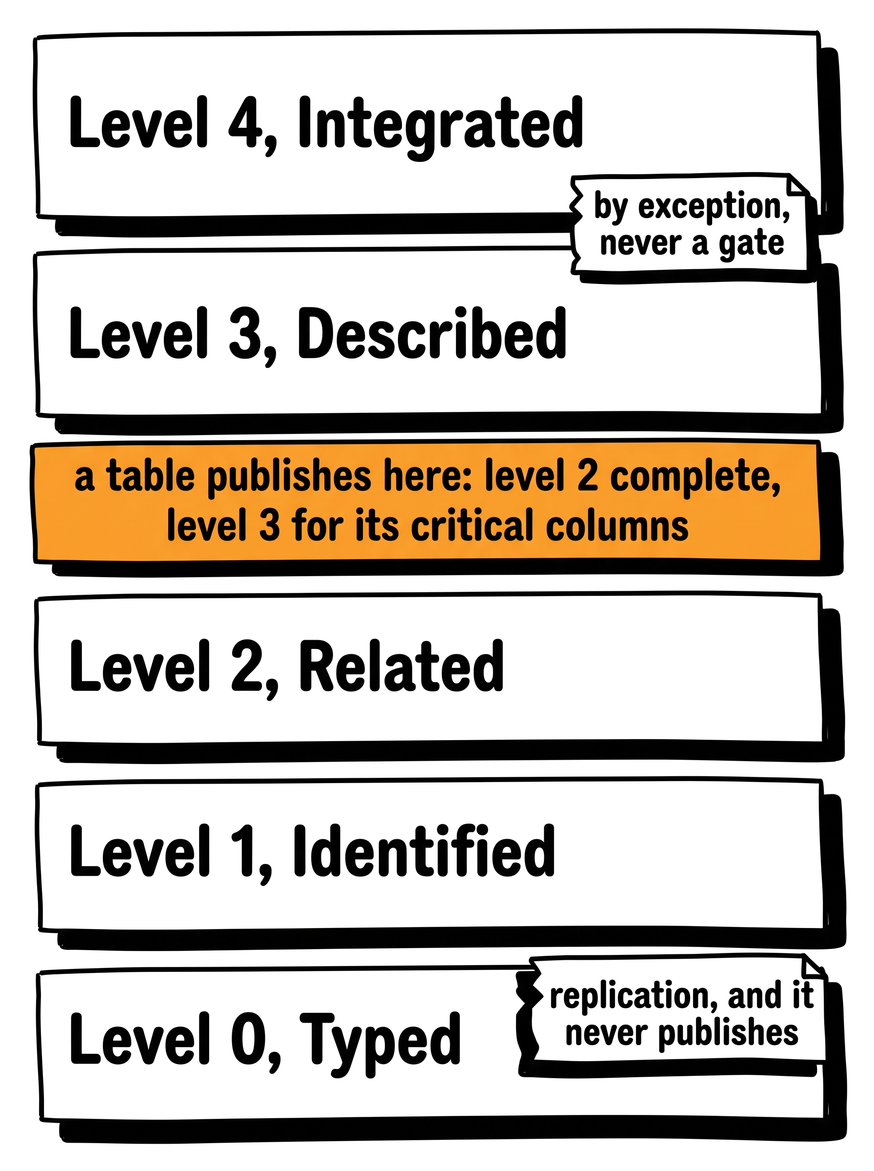The five meaning levels from Typed to Integrated, with the line a table publishes at drawn along the top of level 2.
