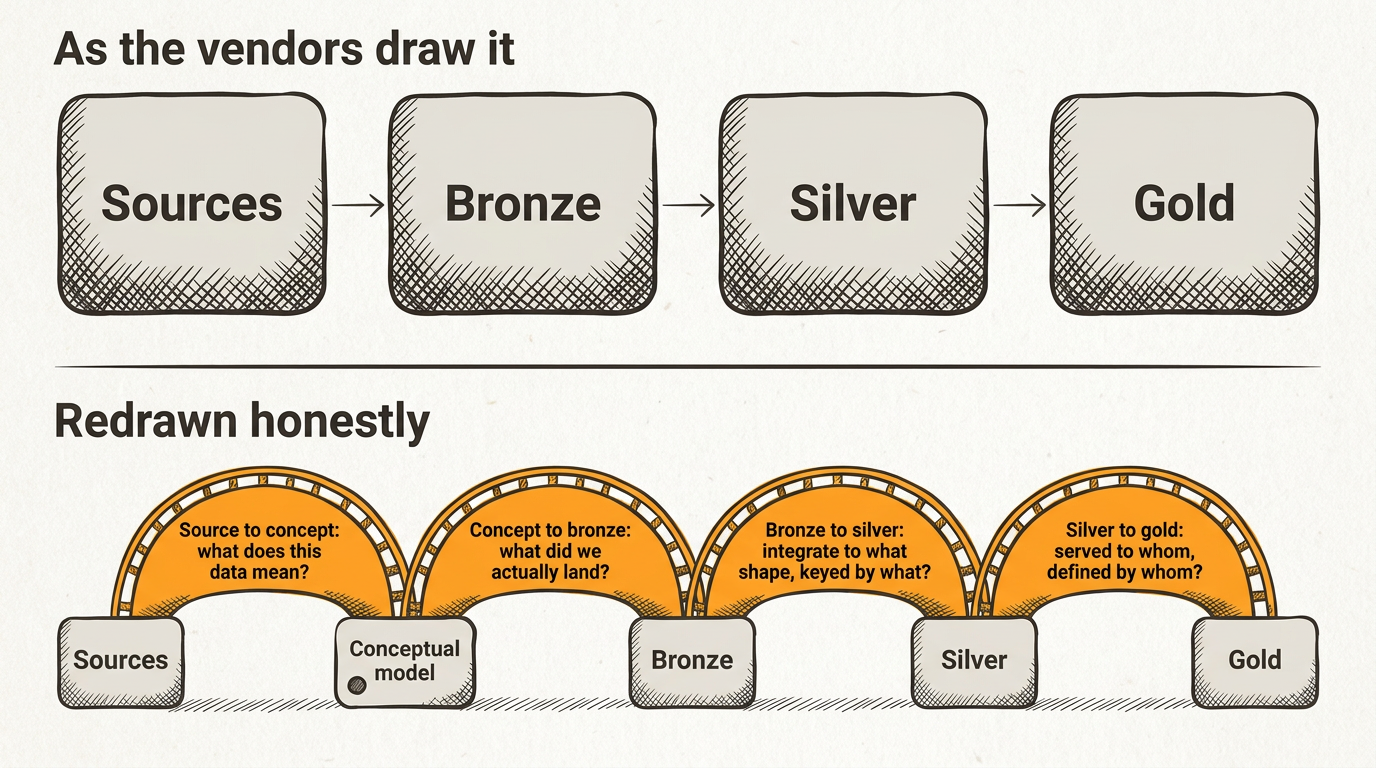 Two panels: the vendor medallion drawing with large boxes and thin arrows, then the same drawing redrawn with small boxes, a conceptual model box added before bronze, and four heavy labelled bridges carrying the four questions.