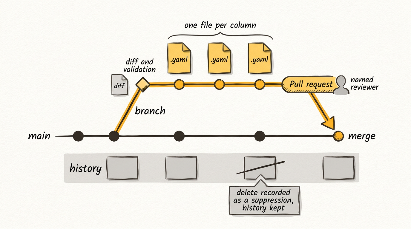 A branch off main with metadata files as commits, a diff and validation gate before the first commit, a pull request with a named reviewer, a merge back to main, and a history strip that keeps a deleted item as a suppression.