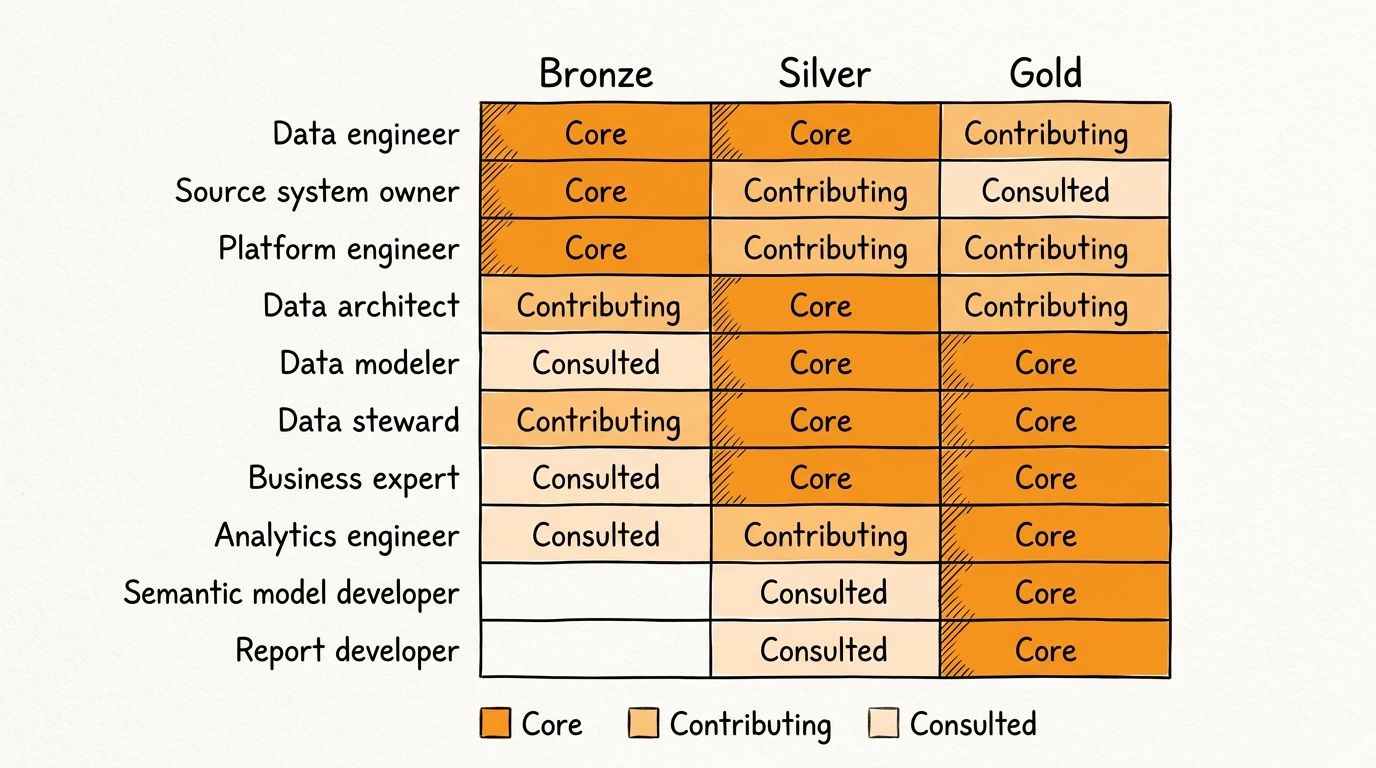 Heat map of ten roles by three layers. The silver column is a near-solid band of core involvement, bronze is a narrow band of engineering at the top, gold is dark at the bottom, and two bronze cells are blank.