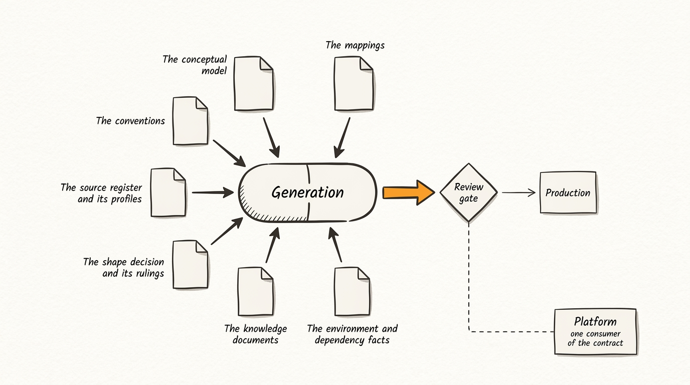 Context diagram: seven metadata inputs feed one generation step whose output lands in a review gate before production, with the platform drawn small at the edge as one consumer of the contract.